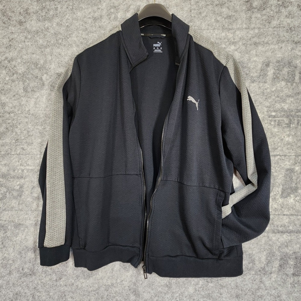 Puma‎ Sweater Mens Size 2XL Full Zip logo Black Gray strips on sleeves